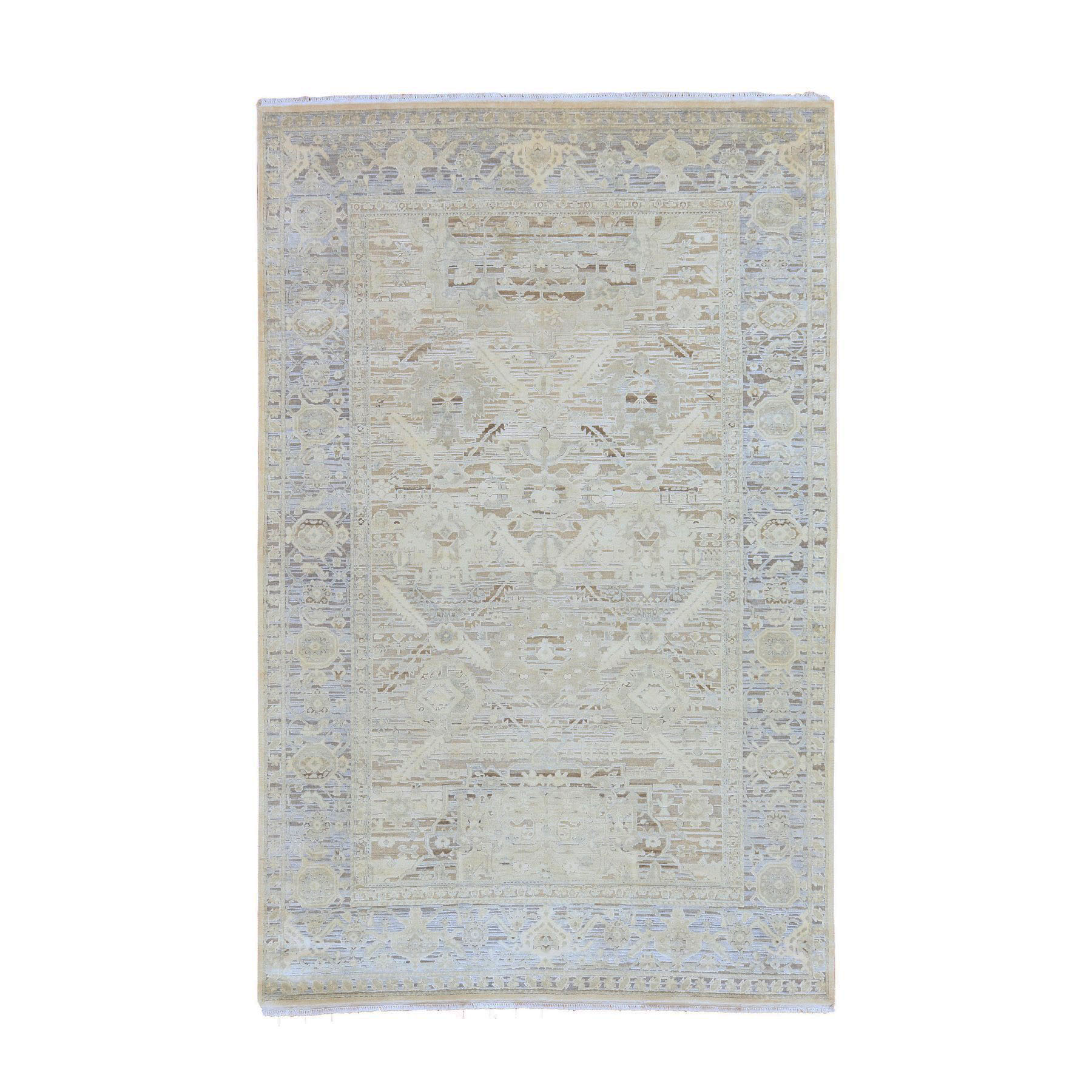 6'x9'5" Swan White, Oushak with Geometric Motif, Hand Knotted, Pure Silk and Textured Wool, Oriental Rug 